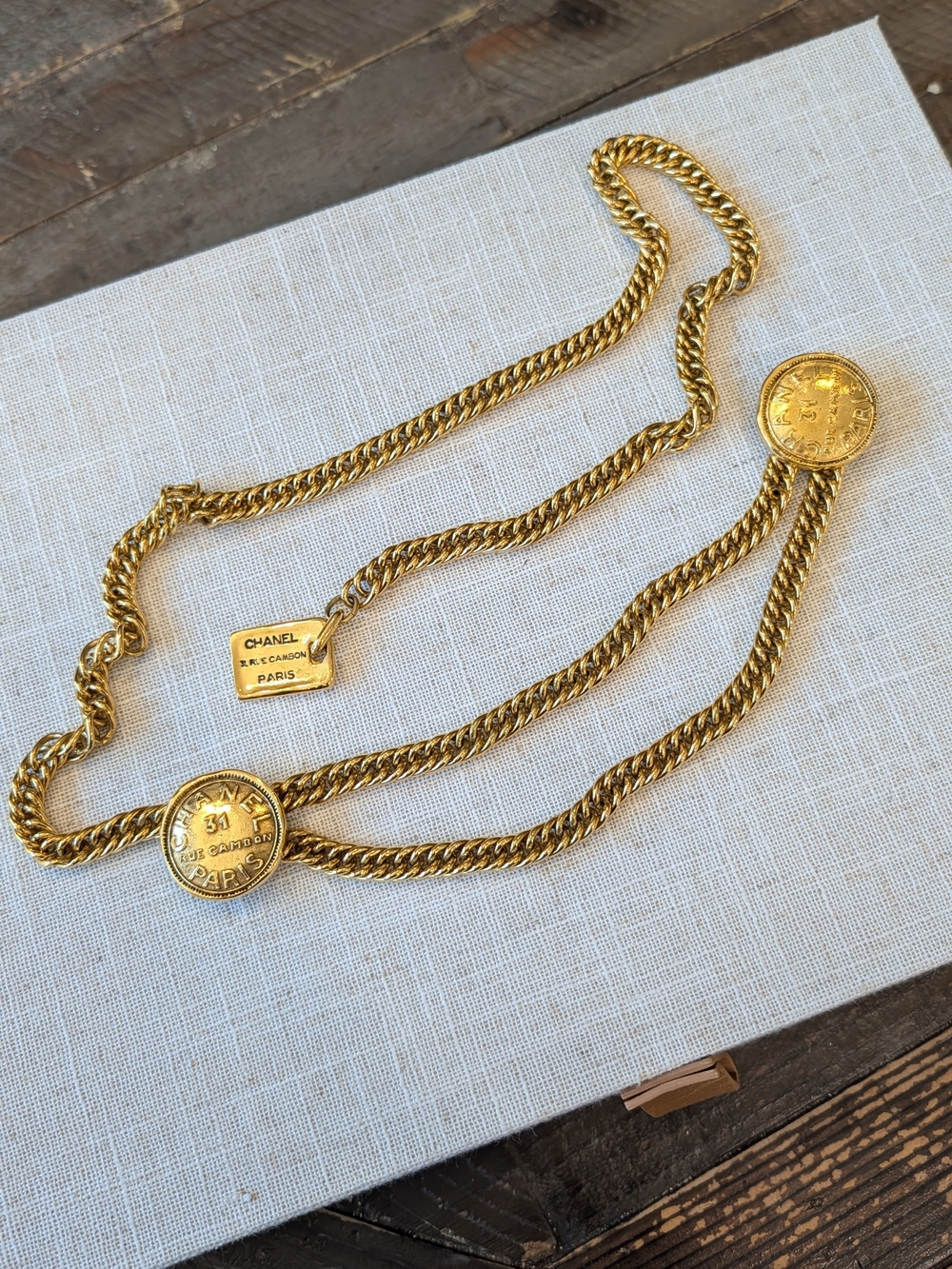 Chanel 31 Rue Cambon Paris Double Chain Logo Belt Necklace - Gold